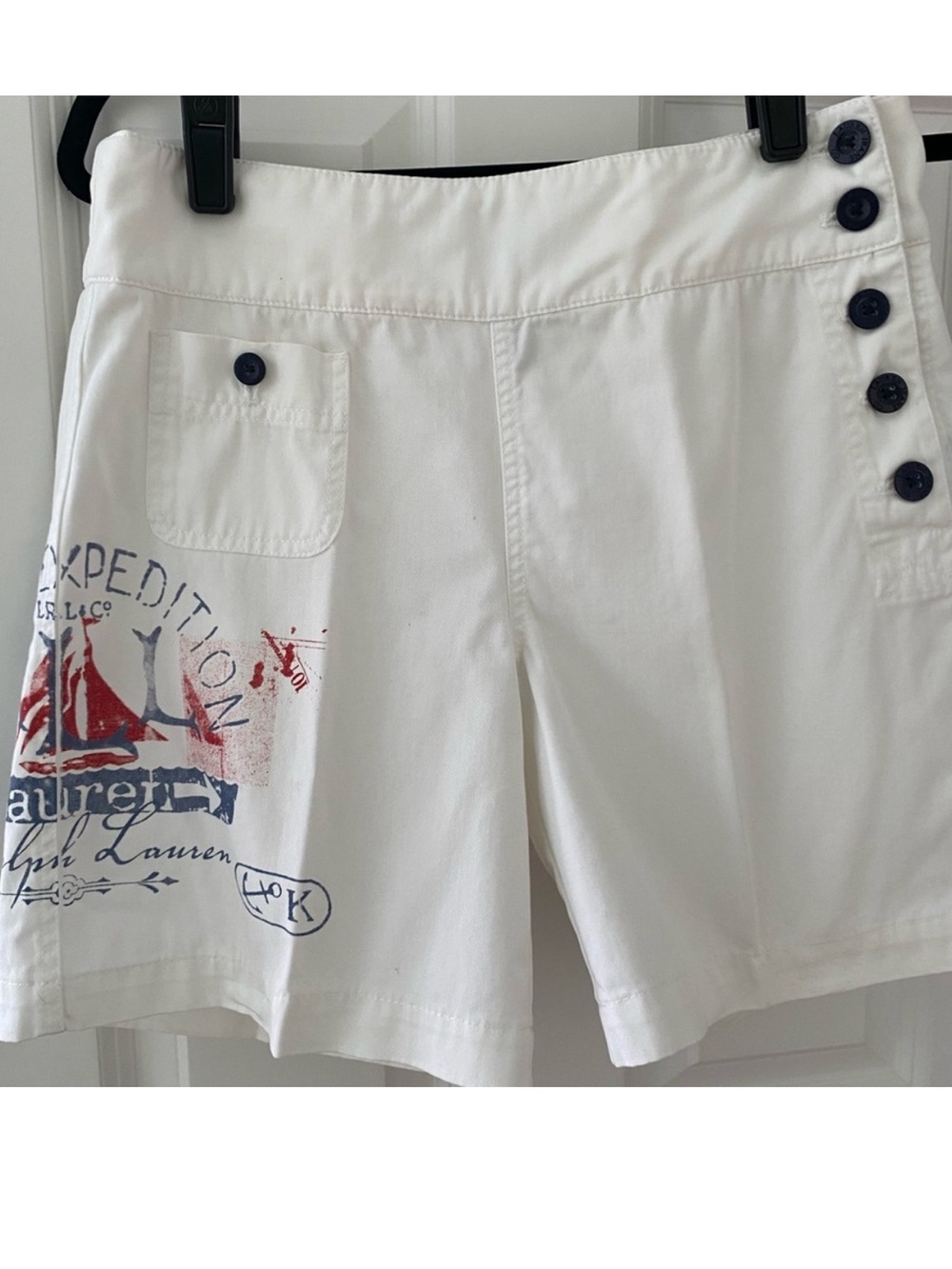 Ralph Lauren White Women’s Cotton Shorts with Navy Buttons and nautical Print